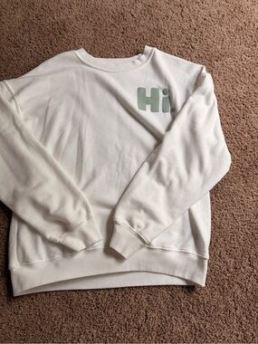White Crewneck Sweater with Mint 'Hi.' Chest Graphic - Women